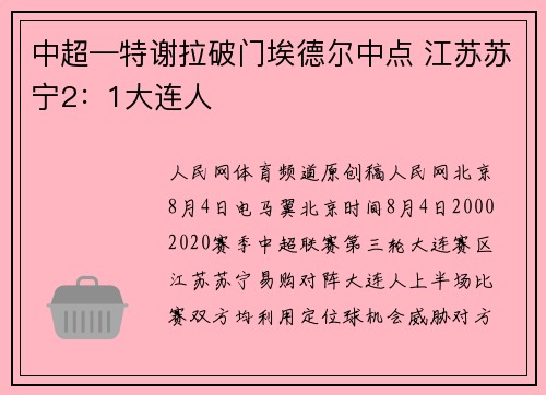 中超—特谢拉破门埃德尔中点 江苏苏宁2：1大连人