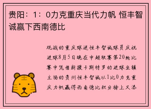 贵阳：1：0力克重庆当代力帆 恒丰智诚赢下西南德比