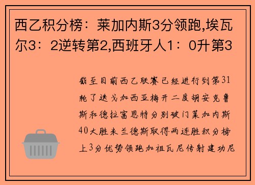 西乙积分榜：莱加内斯3分领跑,埃瓦尔3：2逆转第2,西班牙人1：0升第3